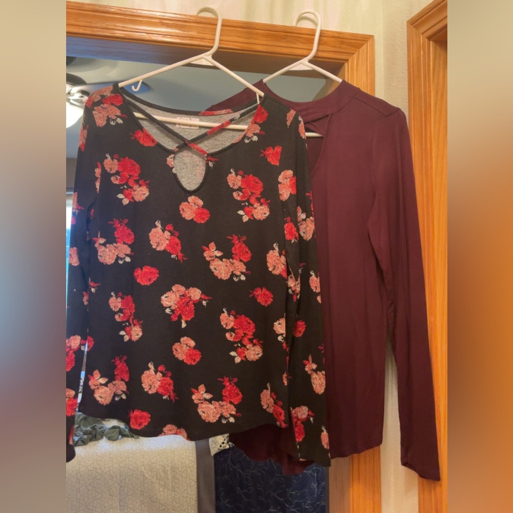 Shirt lot (2) Floral Black and Plum shirts-women’s medium